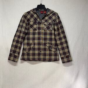 Tilt Plaid Hooded Quilted Jacket Size Medium Black Yellow Flannel Coat